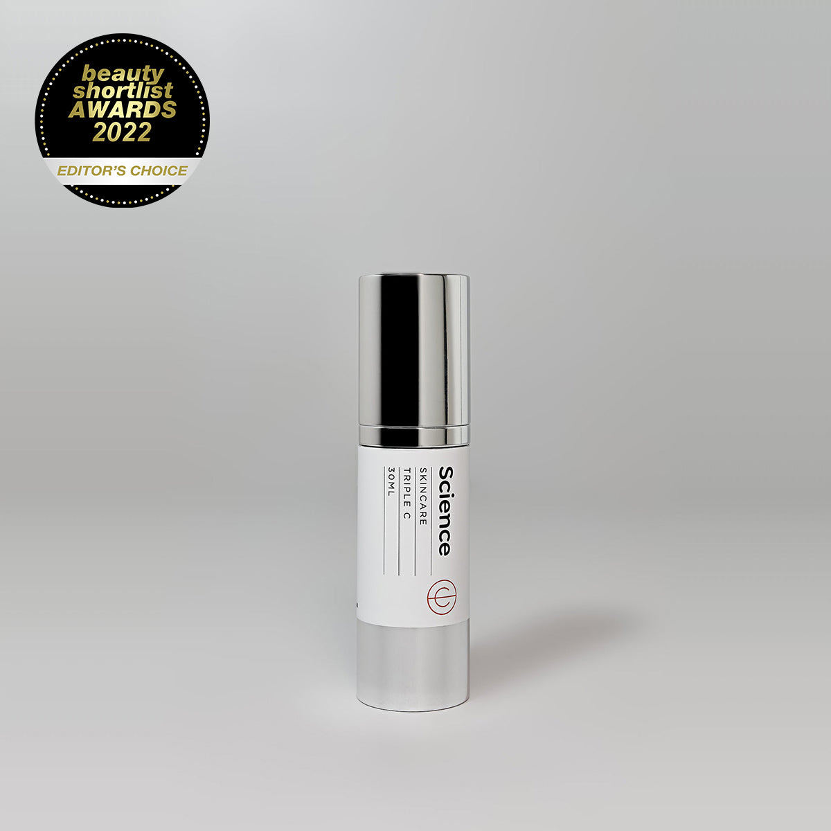 Science Skincare award-winning Triple C Serum bottle with award badge