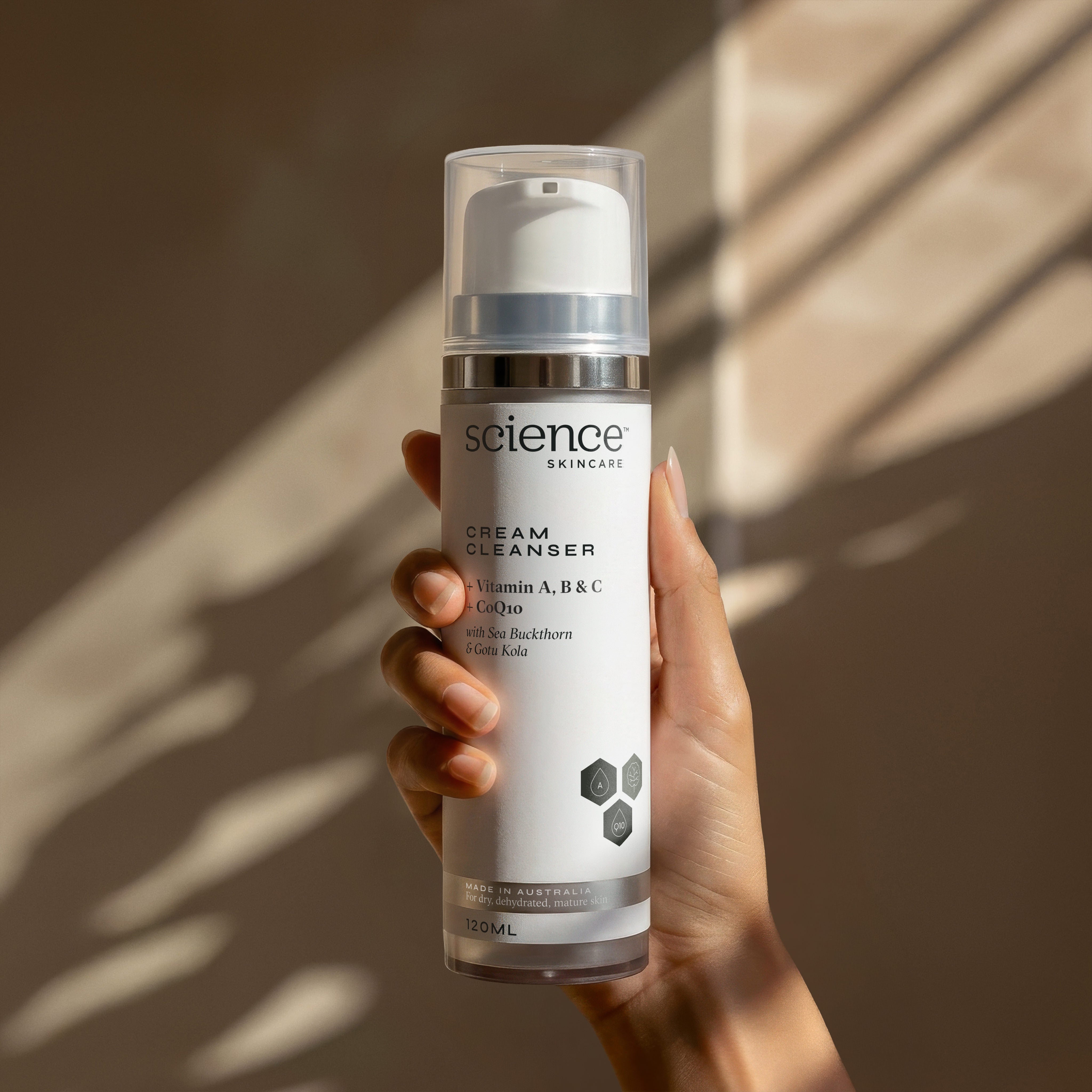Cream Cleanser lifestyle image showing vitamin-rich oil cleanser with botanicals, antioxidants and nourishing oils for hydrating and plumping dry skin

