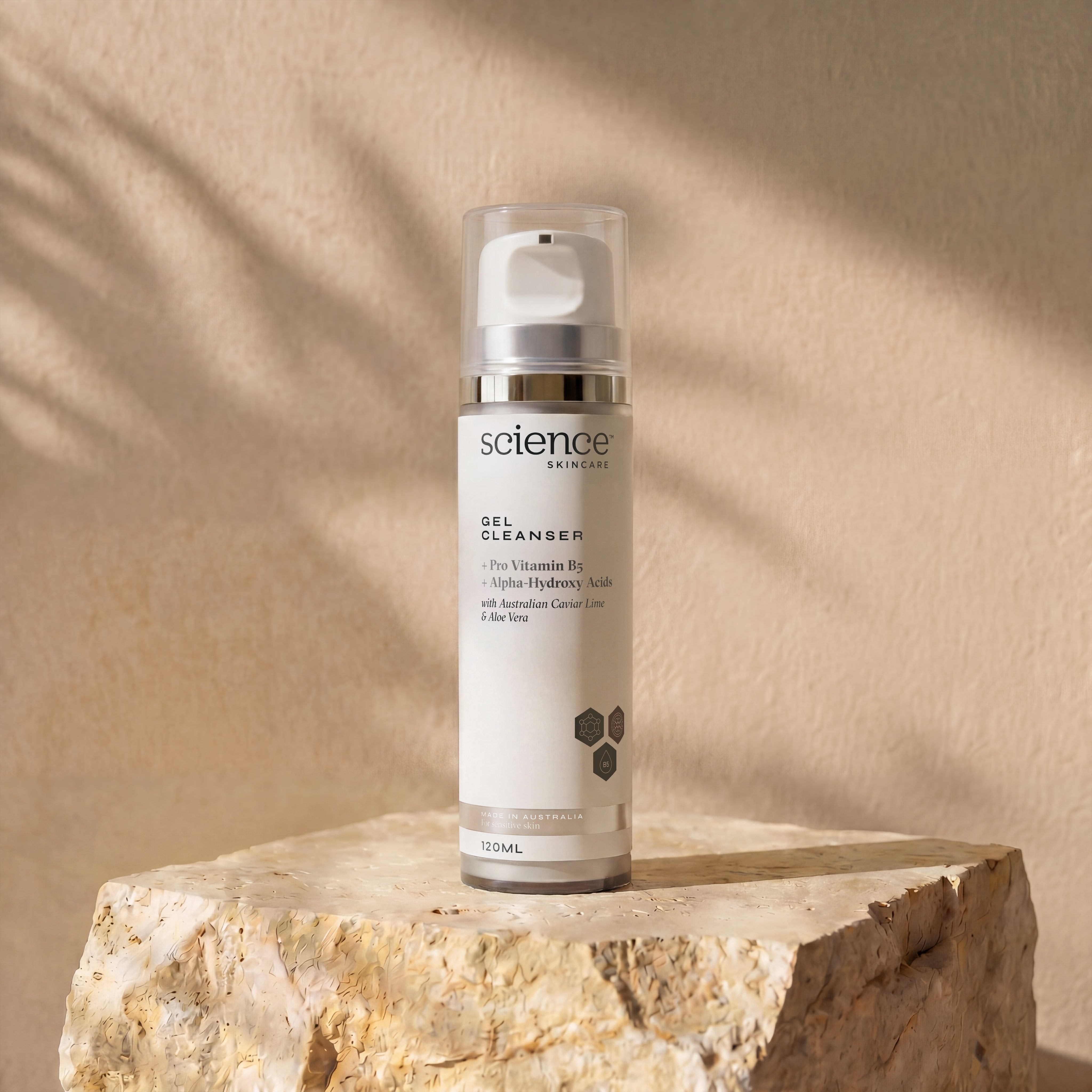 Gel Cleanser 120ml with Caviar Lime on stone background - gentle AHA gel cleanser for sensitive, reactive skin and rosacea with soothing botanicals and vitamins