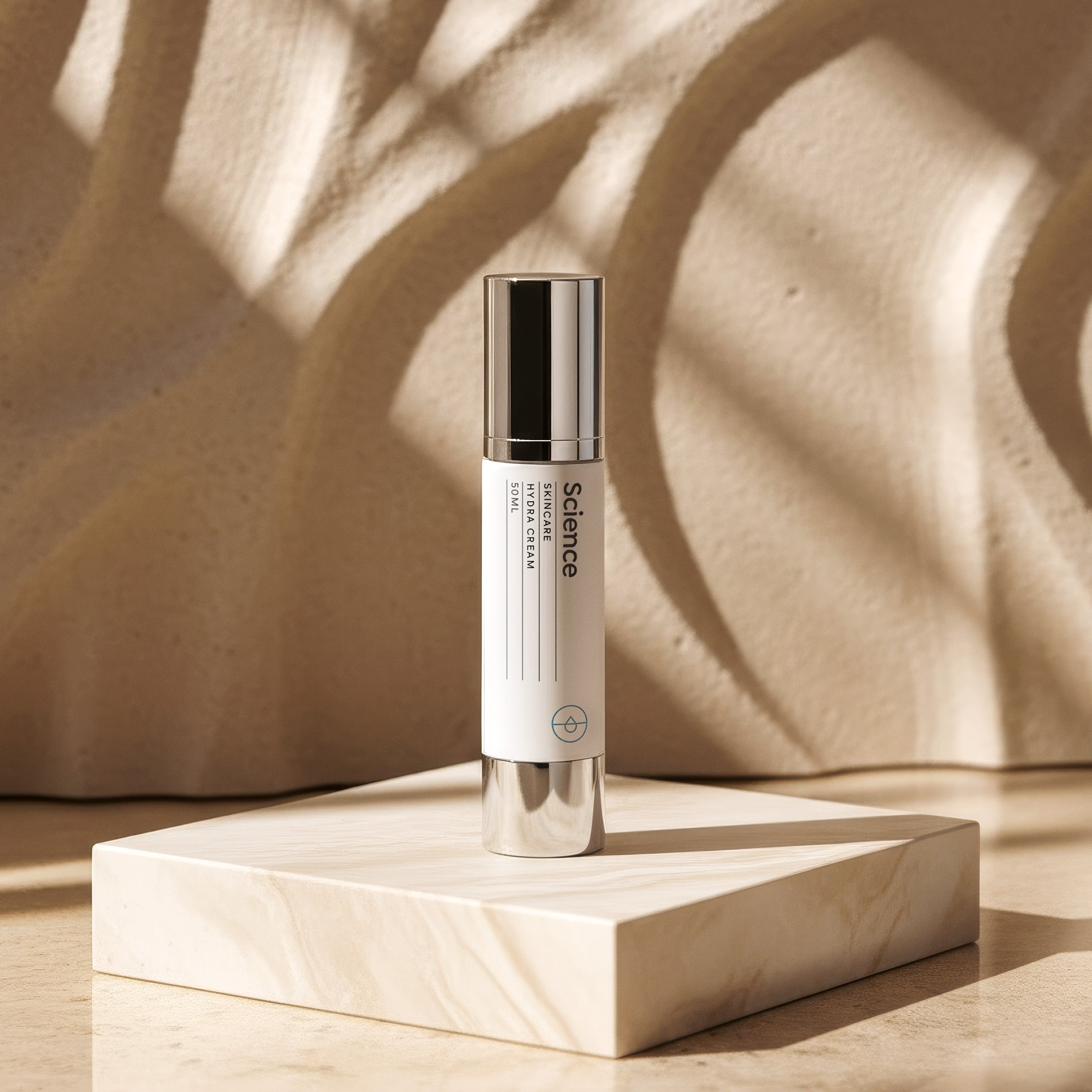 Hydra Cream 50ml on stone background - luxurious peptide moisturiser with emu apple, vitamins A, C, E and hyaluronic acid for dry, dehydrated and menopausal skin