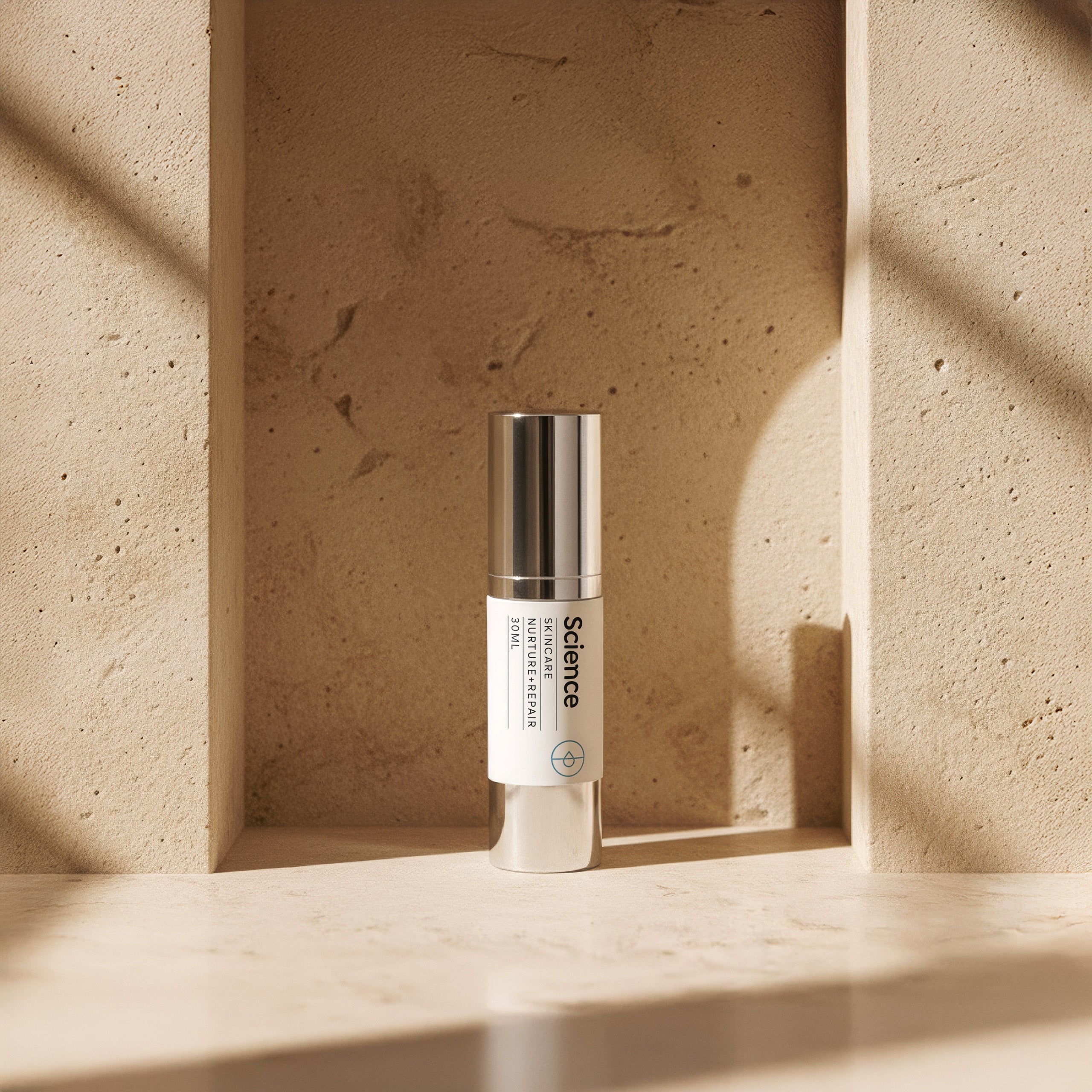 Nurture + Repair Lotion 30ml on stone background - fragrance-free barrier support lotion with peptides, hyaluronic acid and botanicals for compromised, post-treatment and sensitive skin
